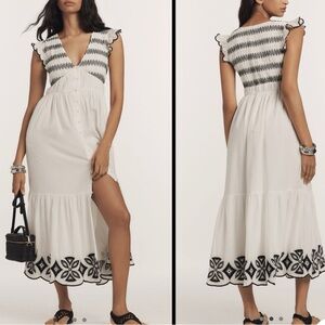 Anthropologie The Peregrine Midi Dress Embroidered Smocked LARGE Black & White